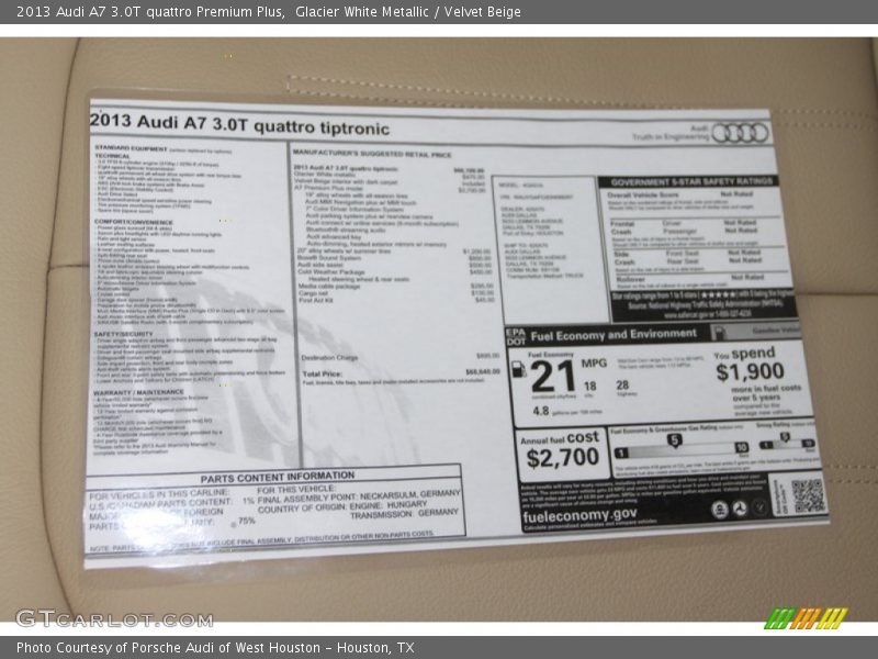  2013 A7 3.0T quattro Premium Plus Window Sticker