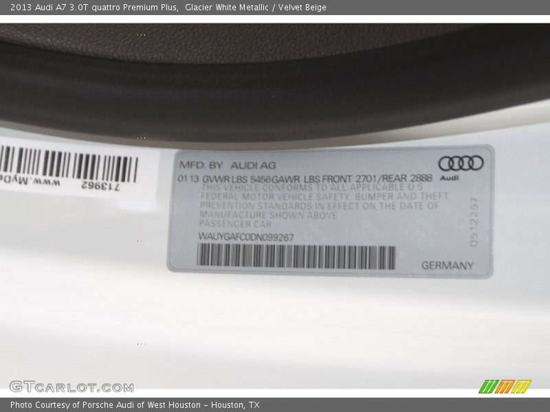 Glacier White Metallic / Velvet Beige 2013 Audi A7 3.0T quattro Premium Plus