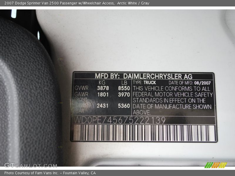 Arctic White / Gray 2007 Dodge Sprinter Van 2500 Passenger w/Wheelchair Access