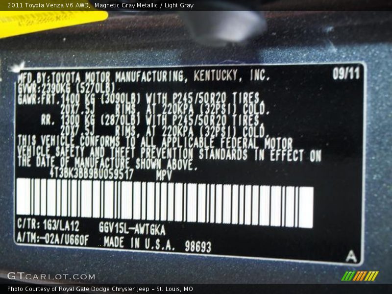 Magnetic Gray Metallic / Light Gray 2011 Toyota Venza V6 AWD