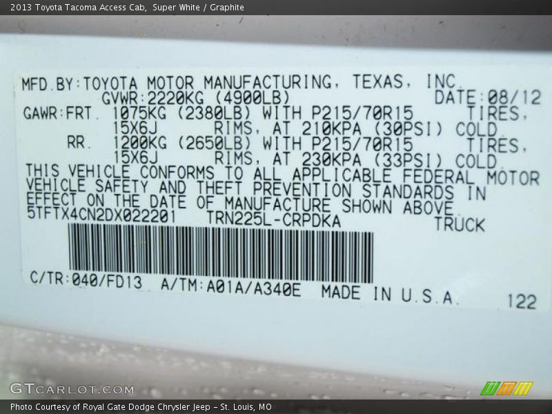 Super White / Graphite 2013 Toyota Tacoma Access Cab