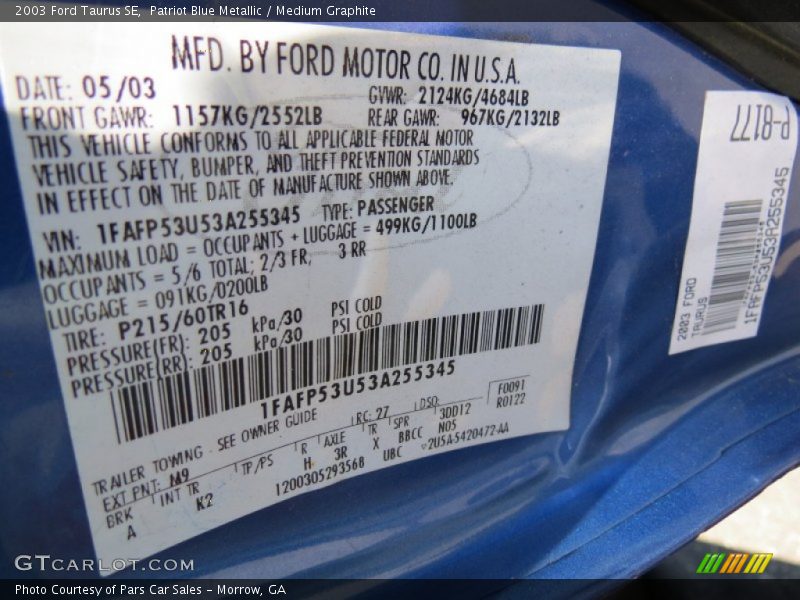 2003 Taurus SE Patriot Blue Metallic Color Code M9