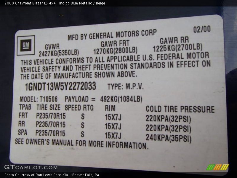 Indigo Blue Metallic / Beige 2000 Chevrolet Blazer LS 4x4