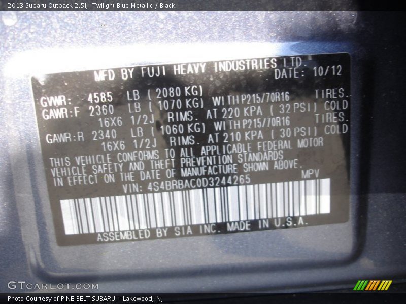 Twilight Blue Metallic / Black 2013 Subaru Outback 2.5i