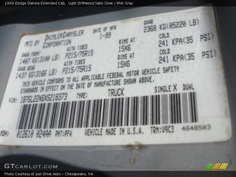 1999 Dakota Extended Cab Light Driftwood Satin Glow Color Code PFA