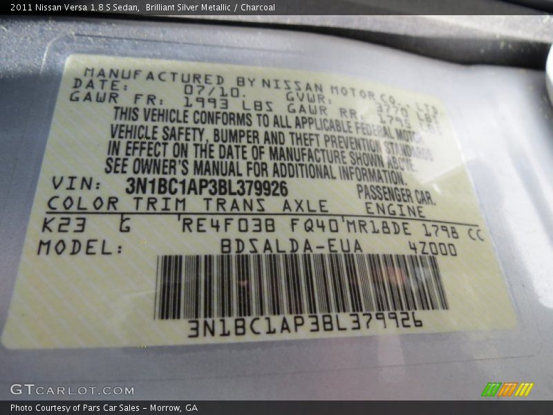 Brilliant Silver Metallic / Charcoal 2011 Nissan Versa 1.8 S Sedan