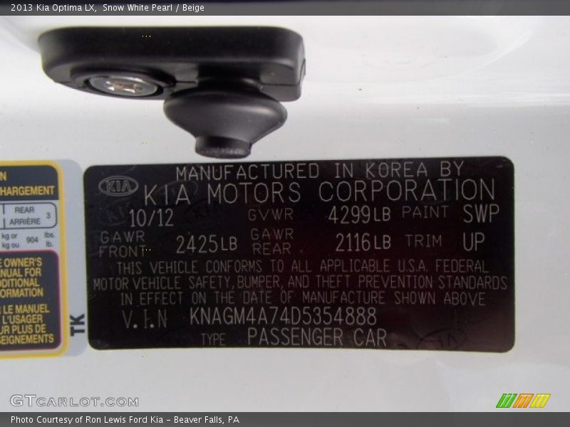 Snow White Pearl / Beige 2013 Kia Optima LX