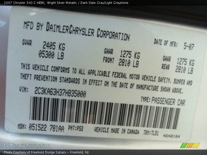 Bright Silver Metallic / Dark Slate Gray/Light Graystone 2007 Chrysler 300 C HEMI