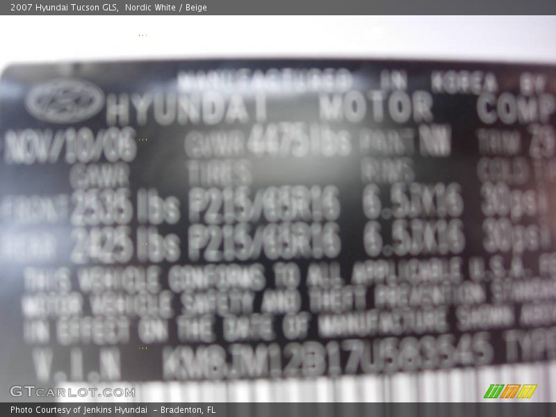Nordic White / Beige 2007 Hyundai Tucson GLS