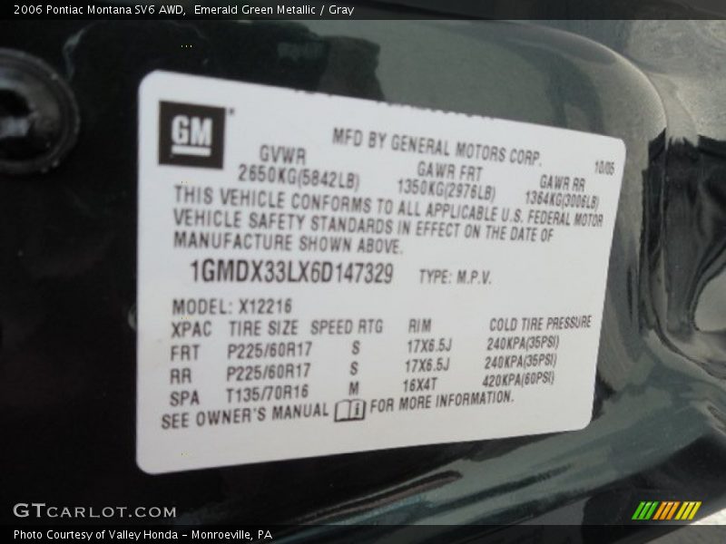 Emerald Green Metallic / Gray 2006 Pontiac Montana SV6 AWD