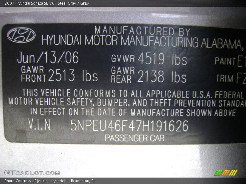 Steel Gray / Gray 2007 Hyundai Sonata SE V6