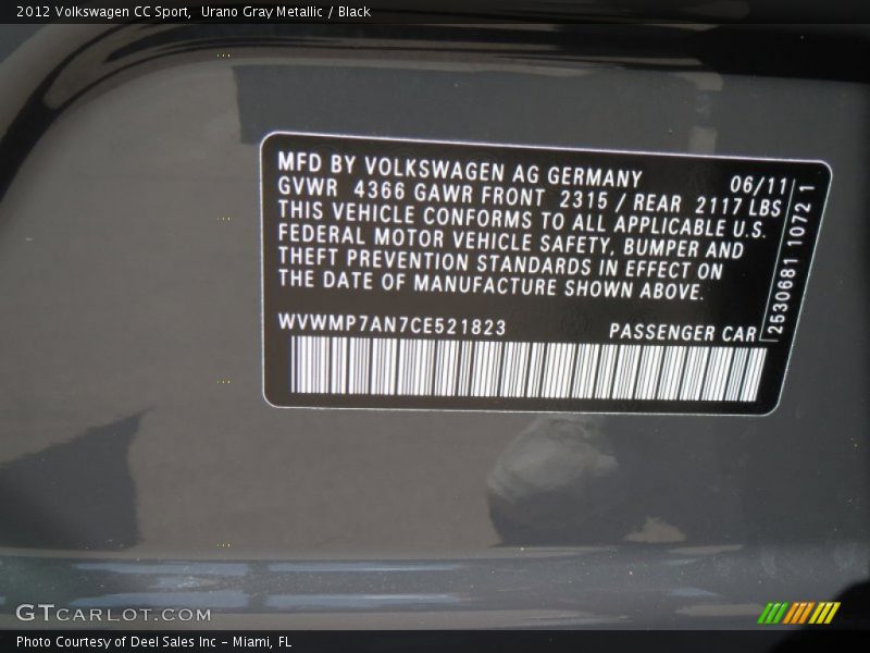 Urano Gray Metallic / Black 2012 Volkswagen CC Sport