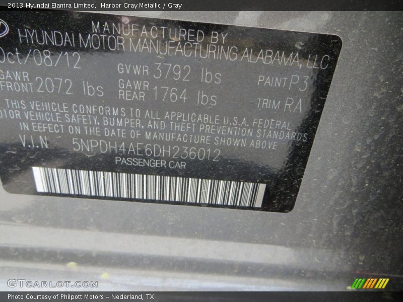 Harbor Gray Metallic / Gray 2013 Hyundai Elantra Limited