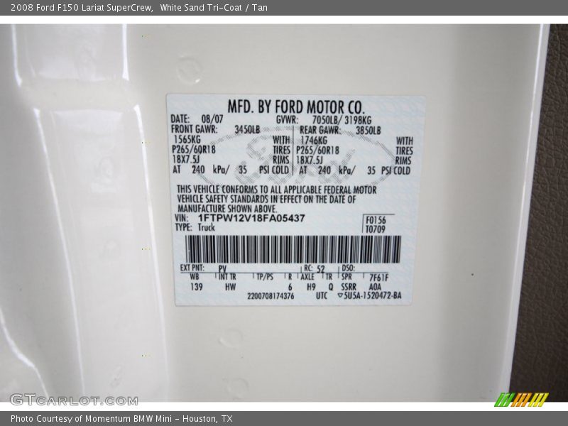 2008 F150 Lariat SuperCrew White Sand Tri-Coat Color Code PV