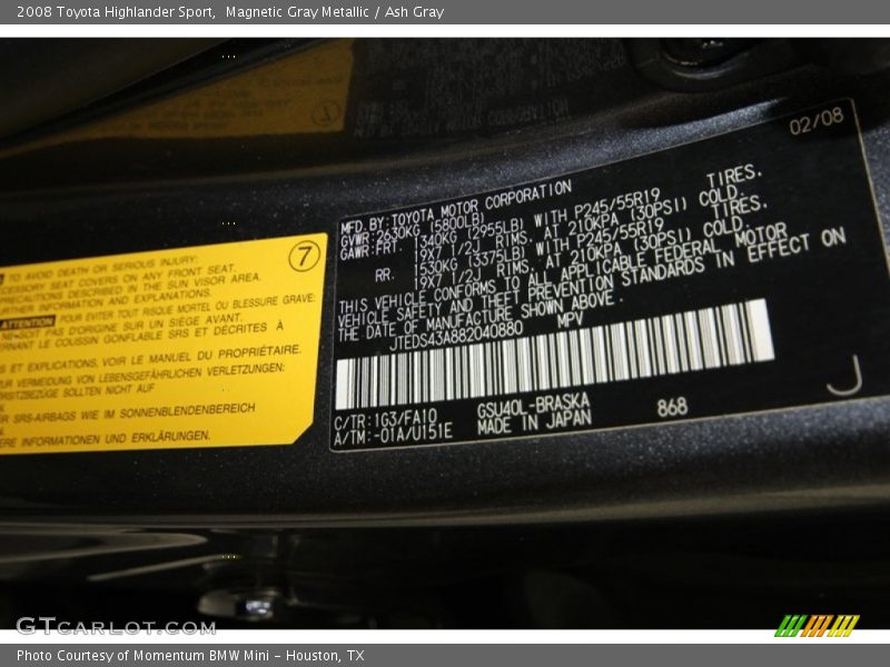 Magnetic Gray Metallic / Ash Gray 2008 Toyota Highlander Sport