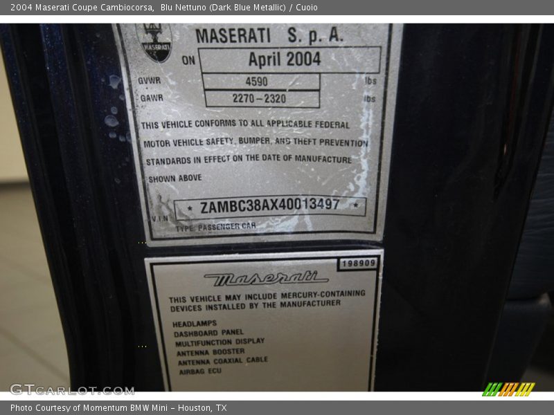 Blu Nettuno (Dark Blue Metallic) / Cuoio 2004 Maserati Coupe Cambiocorsa