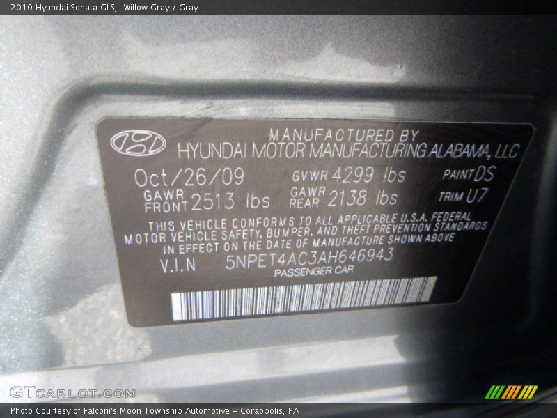 Willow Gray / Gray 2010 Hyundai Sonata GLS