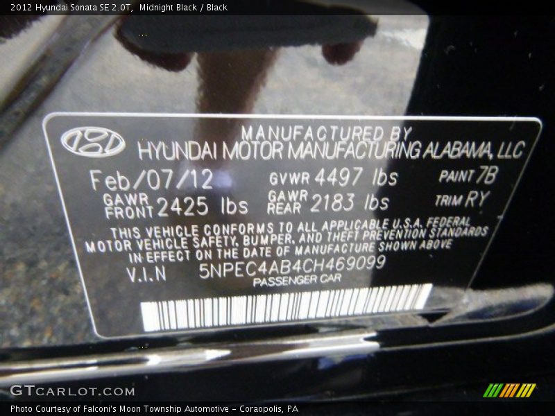 Midnight Black / Black 2012 Hyundai Sonata SE 2.0T