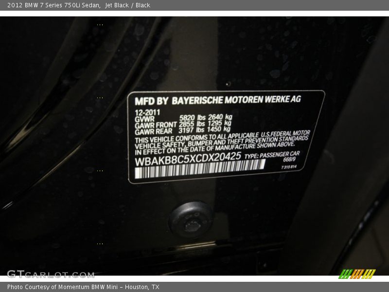 2012 7 Series 750Li Sedan Jet Black Color Code 668