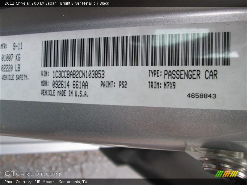 Bright Silver Metallic / Black 2012 Chrysler 200 LX Sedan