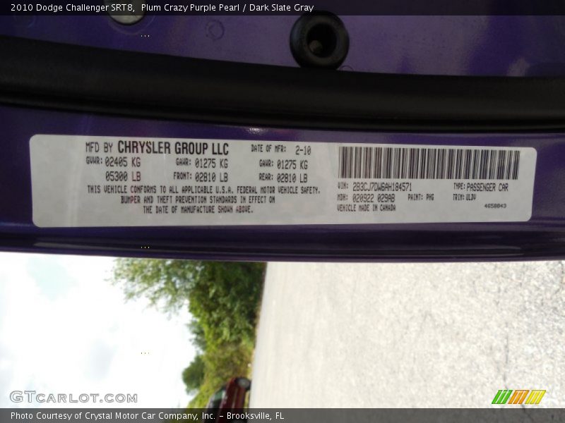 Plum Crazy Purple Pearl / Dark Slate Gray 2010 Dodge Challenger SRT8