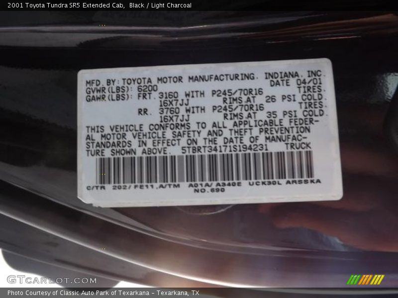 Black / Light Charcoal 2001 Toyota Tundra SR5 Extended Cab