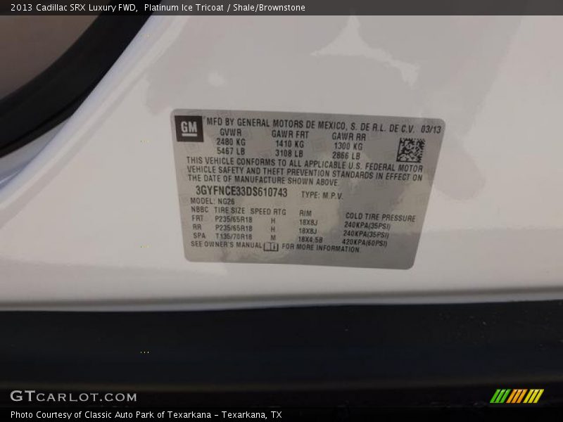 Platinum Ice Tricoat / Shale/Brownstone 2013 Cadillac SRX Luxury FWD