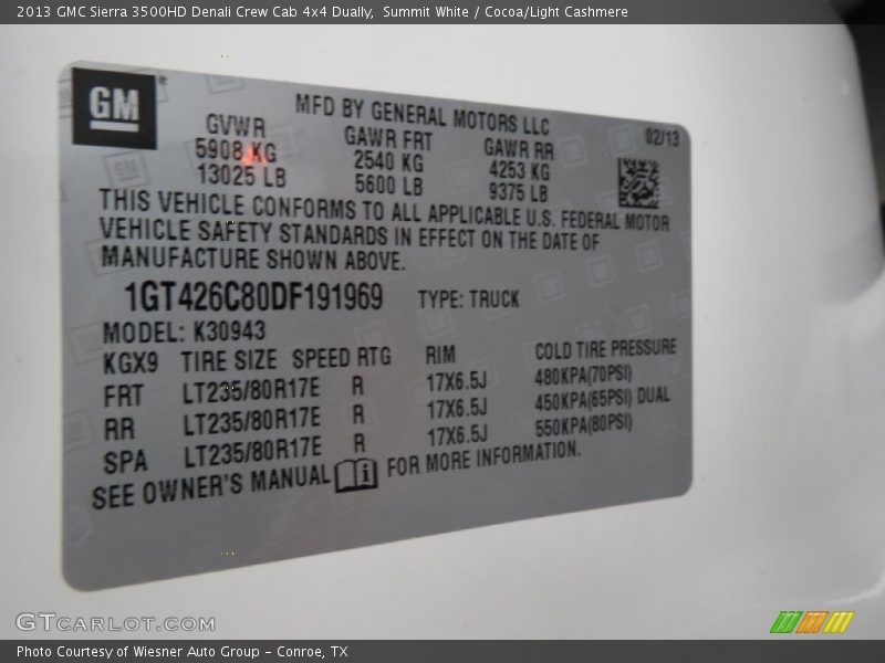 Summit White / Cocoa/Light Cashmere 2013 GMC Sierra 3500HD Denali Crew Cab 4x4 Dually