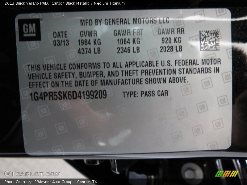 Carbon Black Metallic / Medium Titanium 2013 Buick Verano FWD