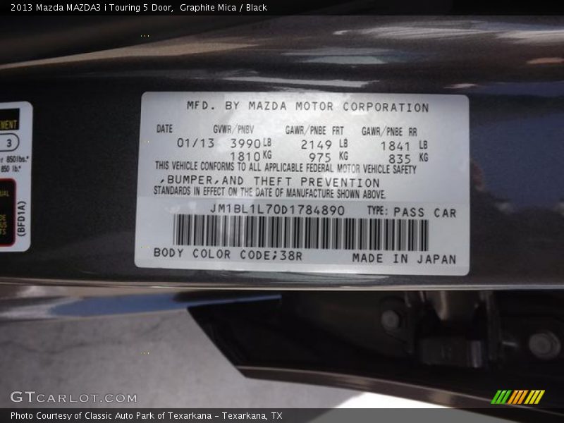 2013 MAZDA3 i Touring 5 Door Graphite Mica Color Code 38R