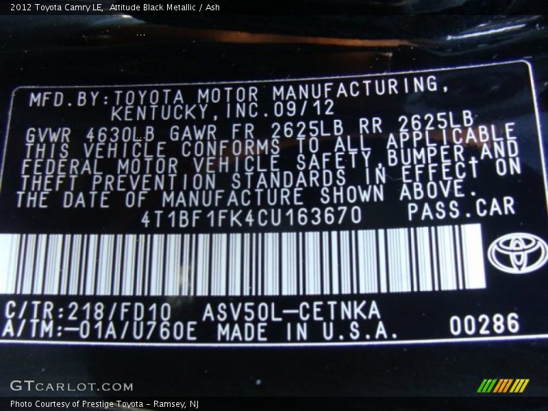 Attitude Black Metallic / Ash 2012 Toyota Camry LE