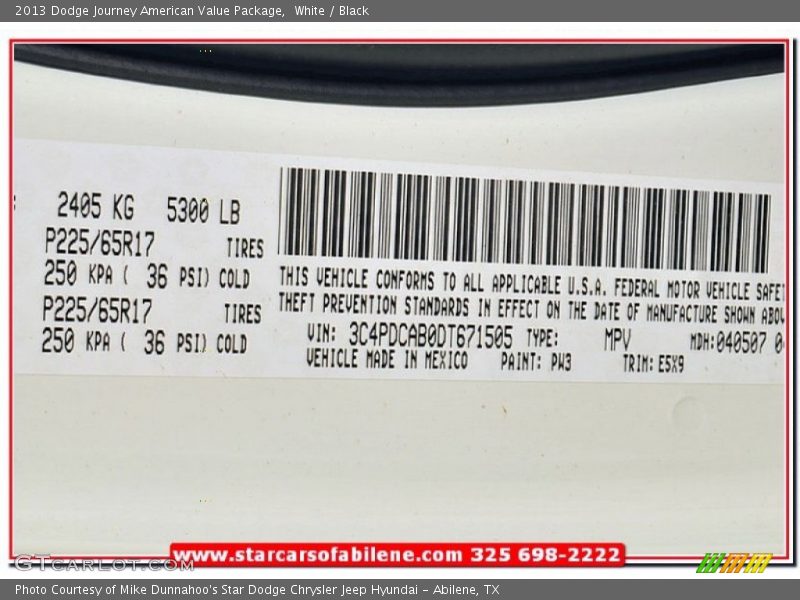 White / Black 2013 Dodge Journey American Value Package
