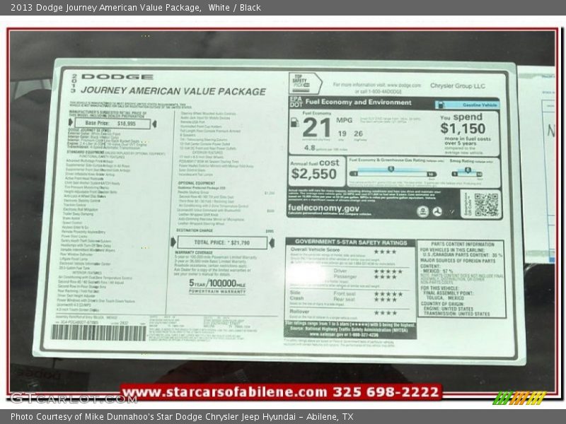 White / Black 2013 Dodge Journey American Value Package