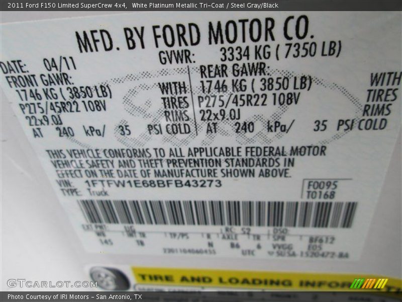 White Platinum Metallic Tri-Coat / Steel Gray/Black 2011 Ford F150 Limited SuperCrew 4x4