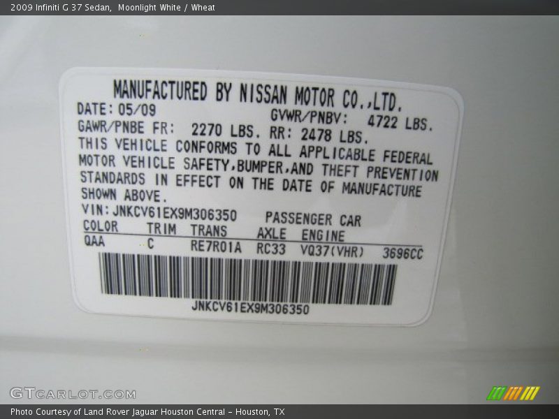 2009 G 37 Sedan Moonlight White Color Code QAA