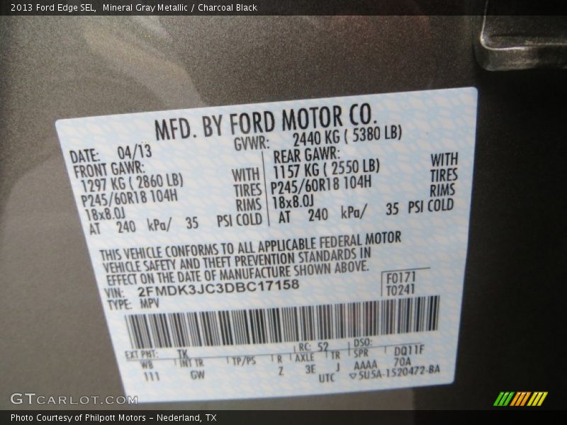 Mineral Gray Metallic / Charcoal Black 2013 Ford Edge SEL