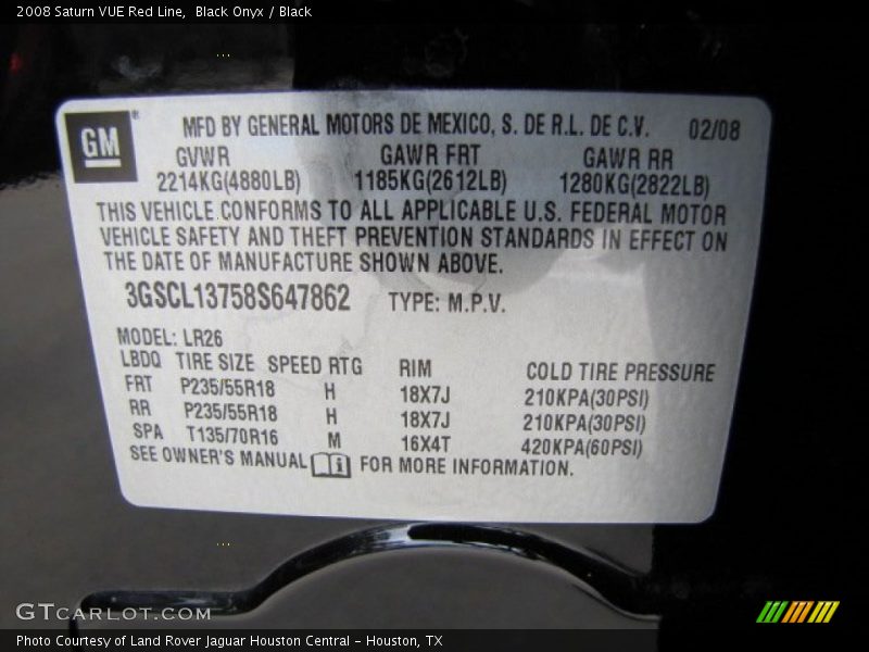 Info Tag of 2008 VUE Red Line