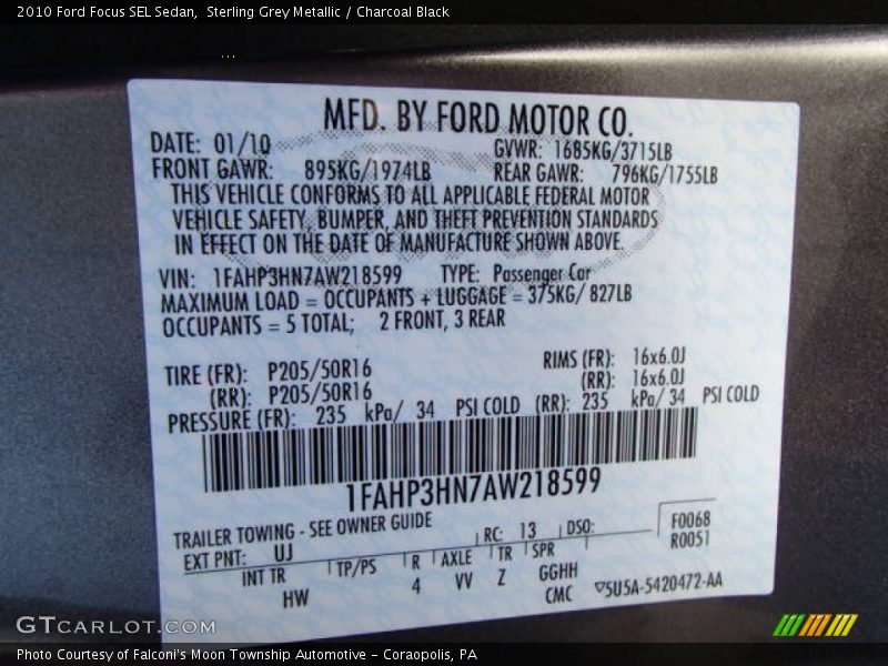 Sterling Grey Metallic / Charcoal Black 2010 Ford Focus SEL Sedan