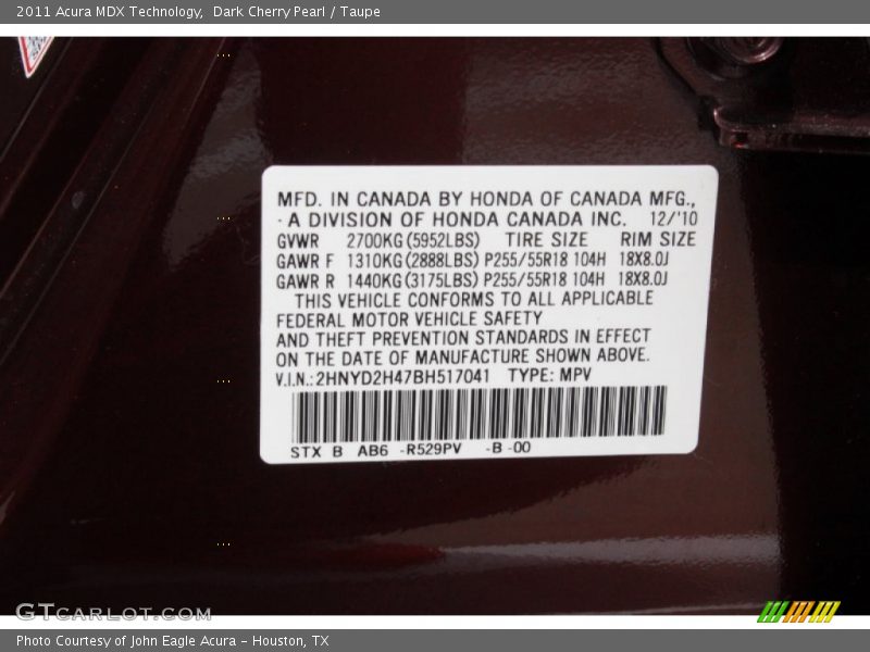 Dark Cherry Pearl / Taupe 2011 Acura MDX Technology