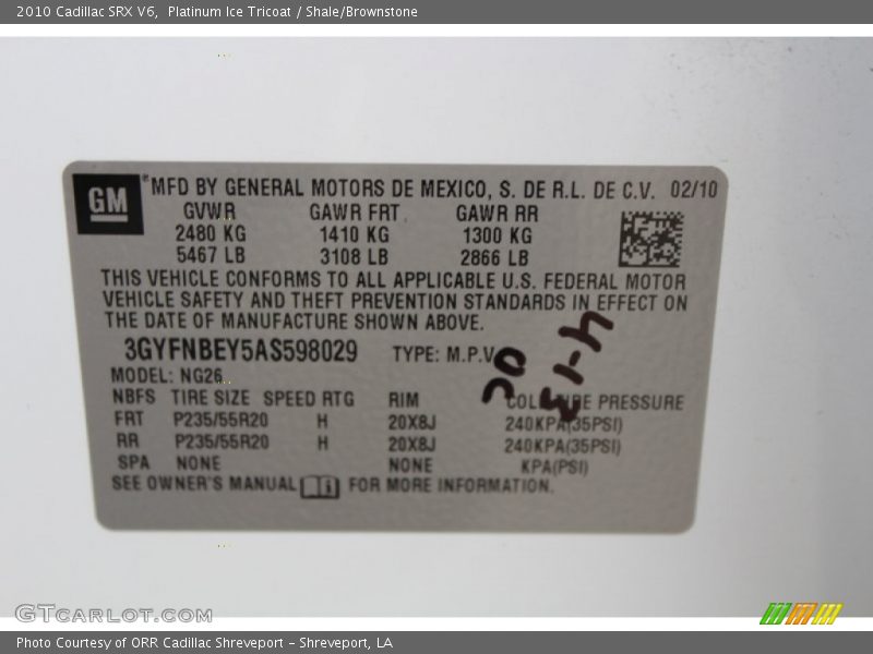Platinum Ice Tricoat / Shale/Brownstone 2010 Cadillac SRX V6