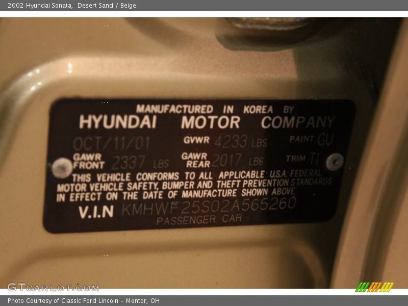 Desert Sand / Beige 2002 Hyundai Sonata