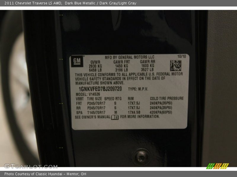 Dark Blue Metallic / Dark Gray/Light Gray 2011 Chevrolet Traverse LS AWD