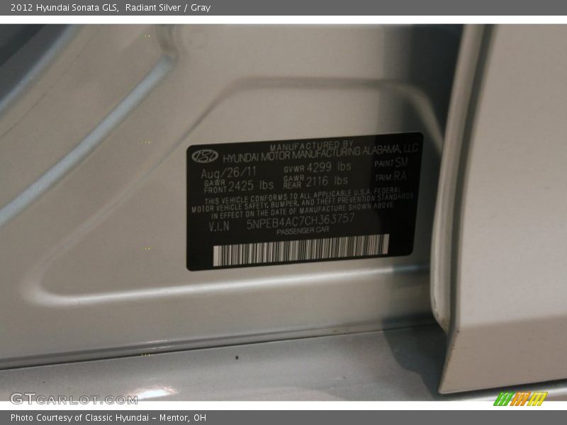 Radiant Silver / Gray 2012 Hyundai Sonata GLS
