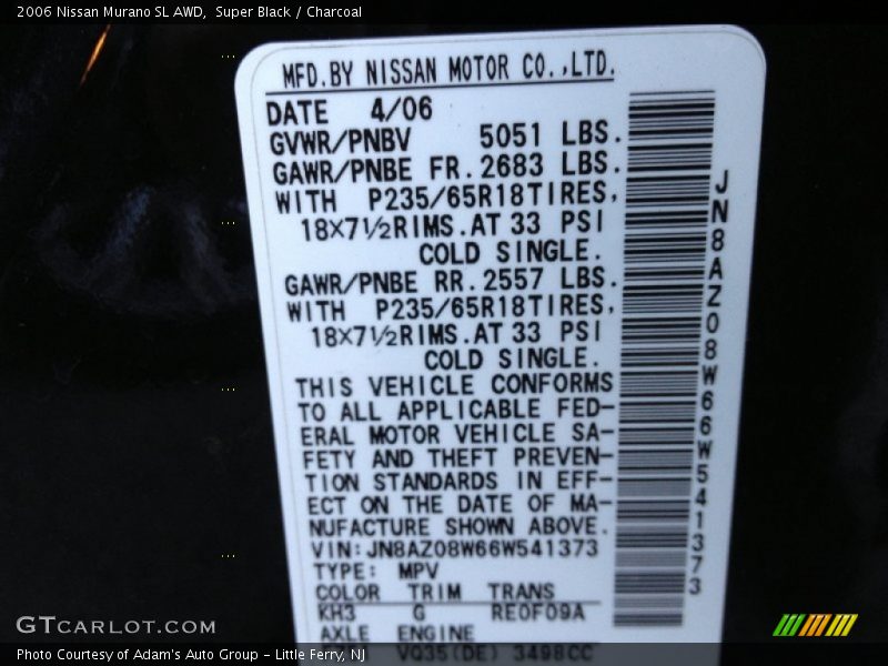 2006 Murano SL AWD Super Black Color Code KH3