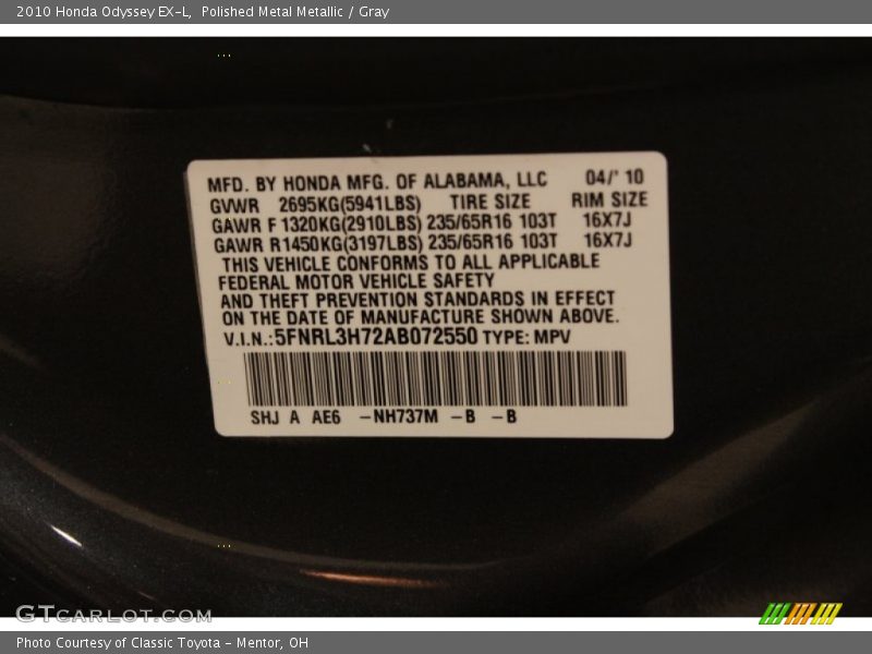 Polished Metal Metallic / Gray 2010 Honda Odyssey EX-L