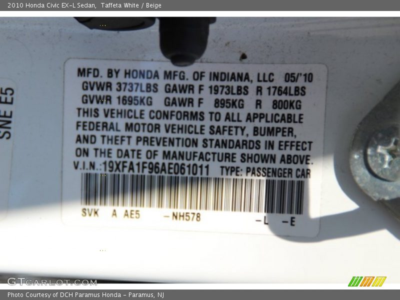 Taffeta White / Beige 2010 Honda Civic EX-L Sedan