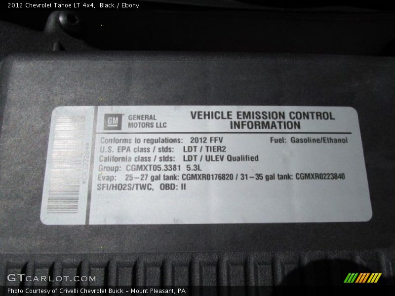 Info Tag of 2012 Tahoe LT 4x4