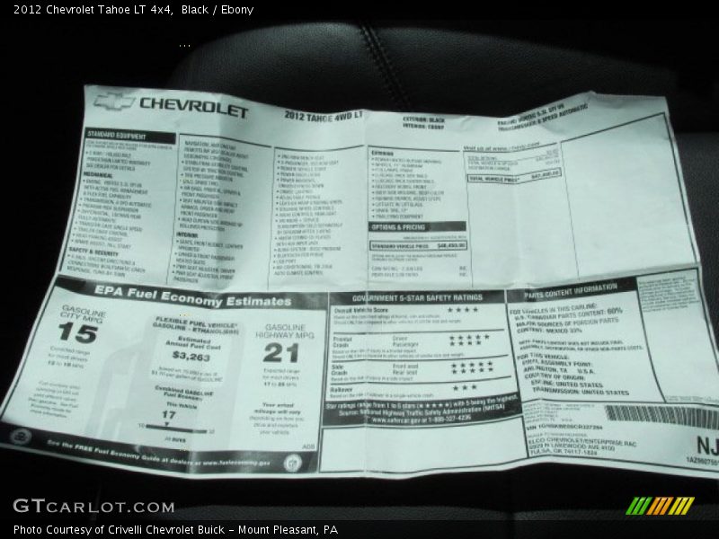  2012 Tahoe LT 4x4 Window Sticker