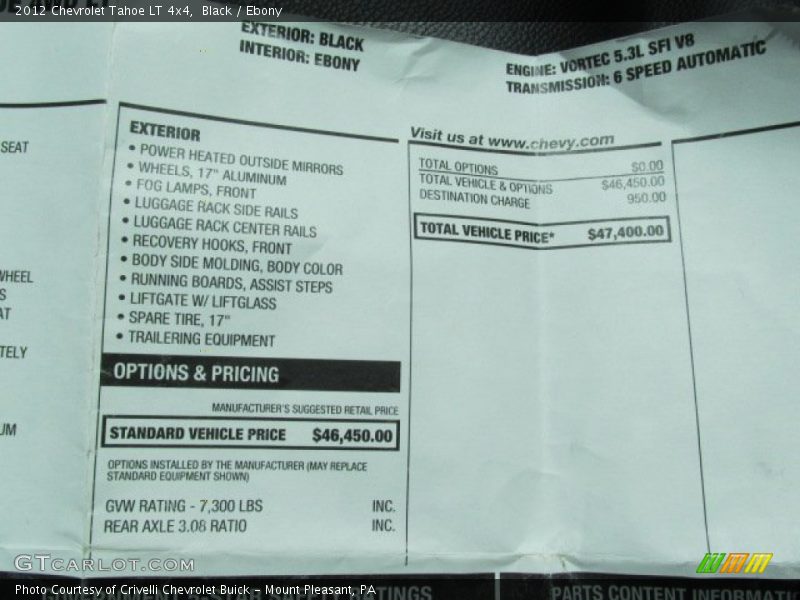  2012 Tahoe LT 4x4 Window Sticker