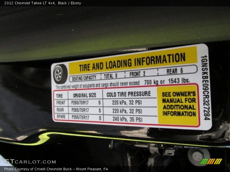 Info Tag of 2012 Tahoe LT 4x4